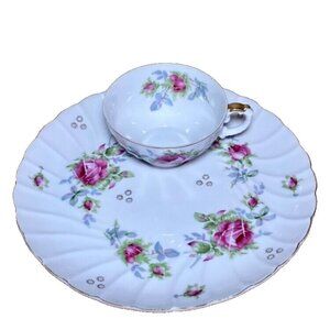 Bone‎ China • Tea Cup & Snack Tray • Pink Purple Green • Gold Trim • Marked AACO